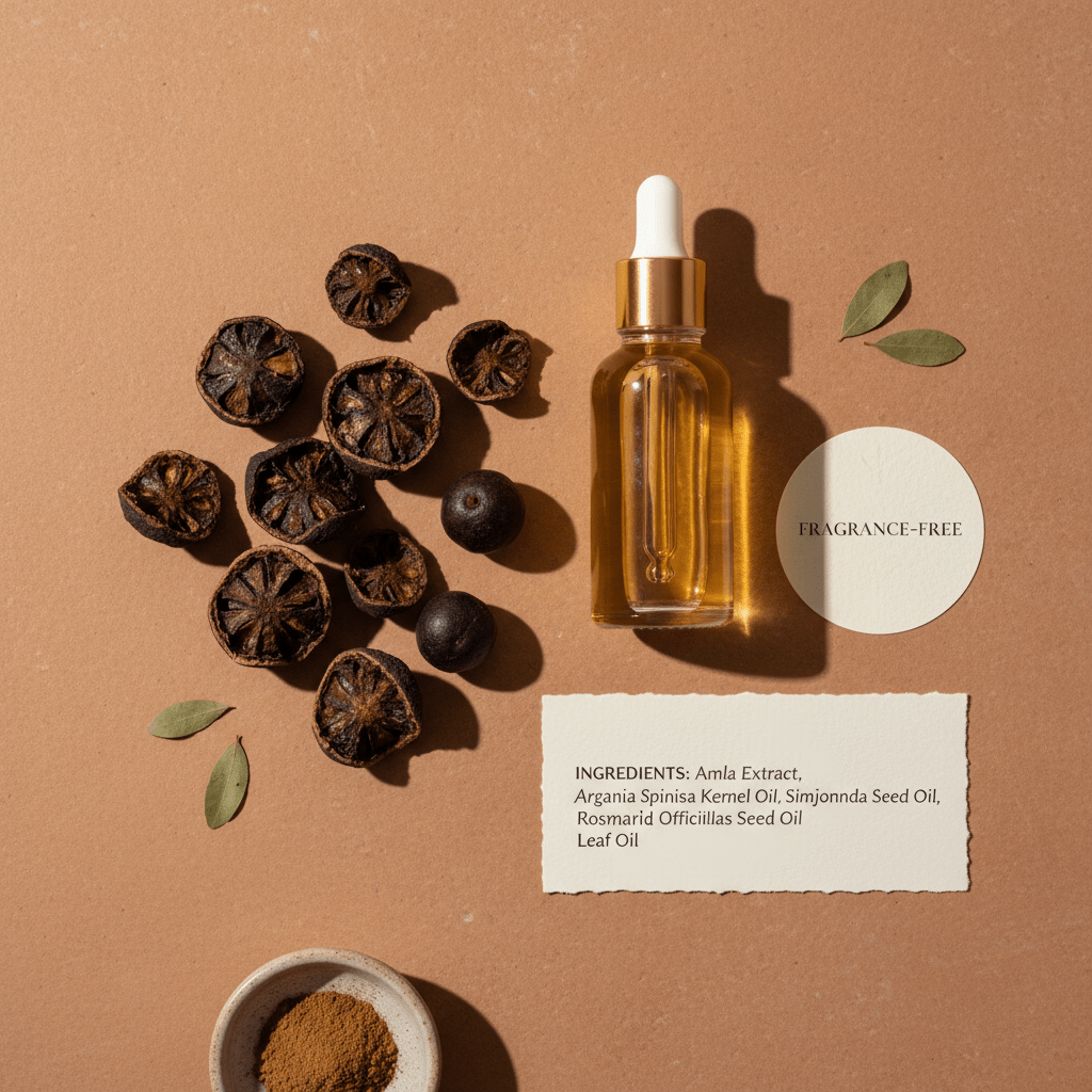 Simple hair oil ingredients and a fragrance-free label concept on a clean flat lay