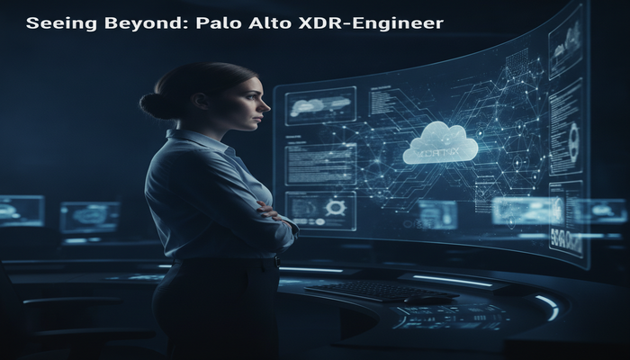 Seeing Beyond: Palo Alto XDR-Engineer A Palo Alto XDR engineer confidently analyzing complex holographic cybersecurity data in a futuristic security operations center, demonstrating advanced insight into extended detection and response.