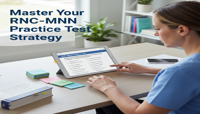 Master Your RNC-MNN Practice Test Strategy A focused female nurse at a modern, organized desk, reviewing RNC-MNN practice questions on a tablet, surrounded by textbooks and study guides, embodying strategic exam preparation. The image includes the text: Master Your RNC-MNN Practice Test Strategy.