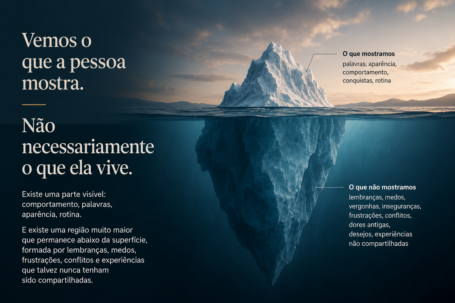 Metáfora do iceberg mostrando a pequena parte visível do comportamento e a dimensão maior de sentimentos, medos, lembranças e conflitos que permanece abaixo da superfície