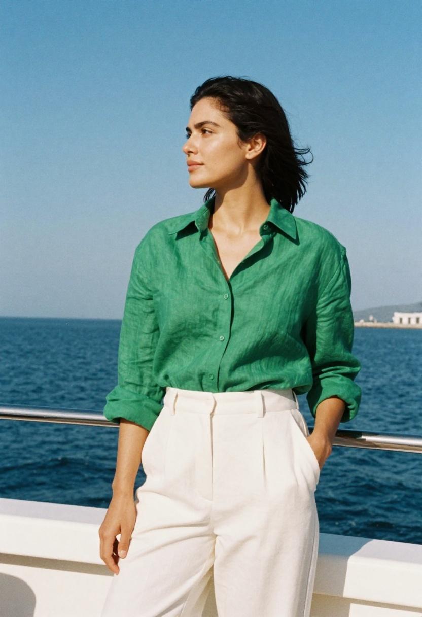 Emerald linen shirt with white wide-leg trousers for polished deck look