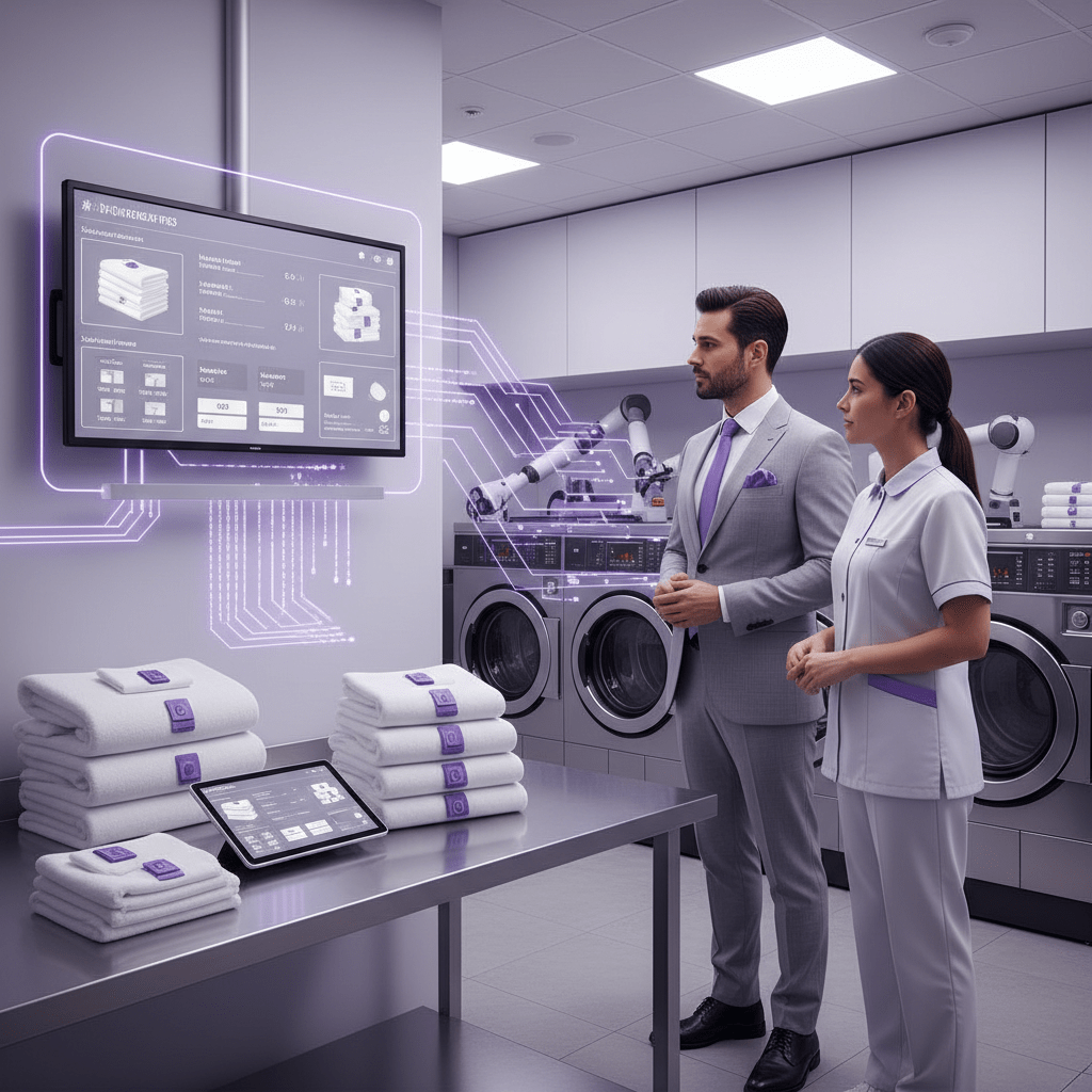Hotel manager reviewing laundry tags and workflow data with supervisor