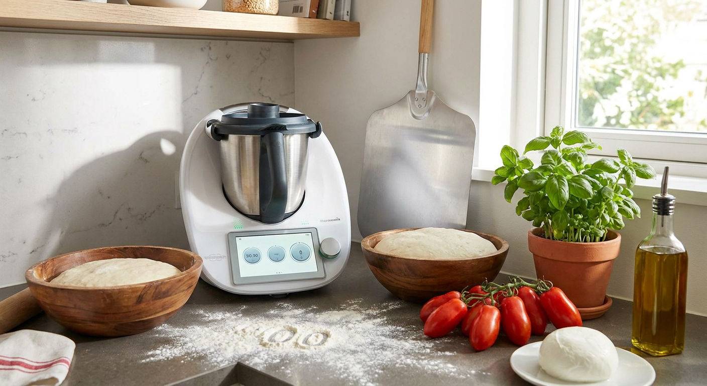 Thermomix z skladnikami na pizze.