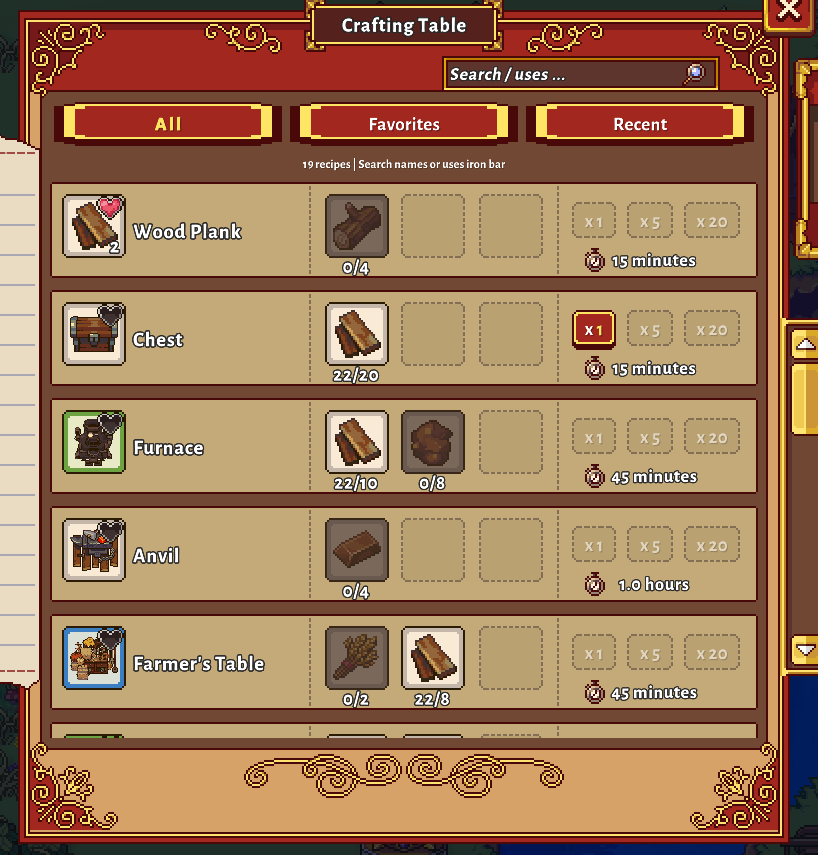 Favorite recipes using hearts in the native crafting UI