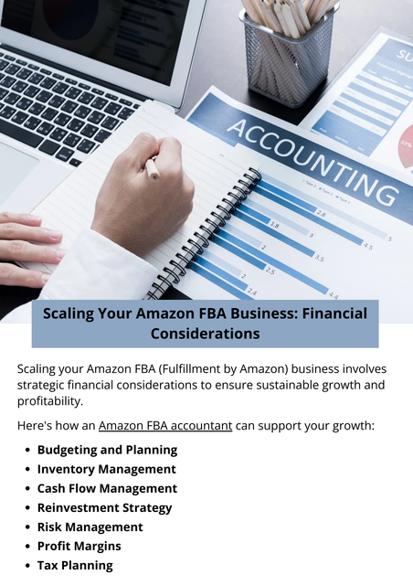 Scaling your Amazon FBA business requires careful financial planning and execution. By managing inventory effectively, optimizing cash flow, analyzing profitability, ensuring tax compliance, improving operational efficiency, investing in growth initiatives, and mitigating risks, you can scale your FBA business profitably and sustainably over the long term. To know more visit here https://www.esenshi.com/amazon-fba-accounting-services