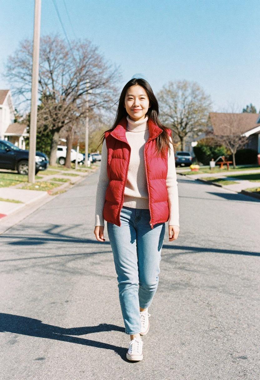 Cherry red puffer vest over cream turtleneck for spring transitional style