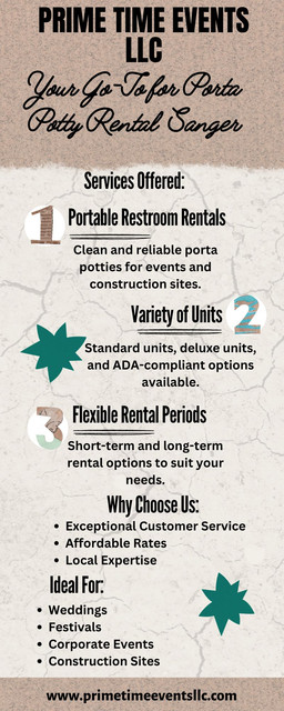 Prime Time Events LLC is your go-to provider for porta potty rental in Sanger, CA. We offer clean, reliable, and affordable portable restrooms for all event types and construction sites. With a variety of units and exceptional customer service, we ensure your sanitation needs are met with convenience and care.
Website: https://www.primetimeeventsllc.com/restroom-rentals-sanger-ca/