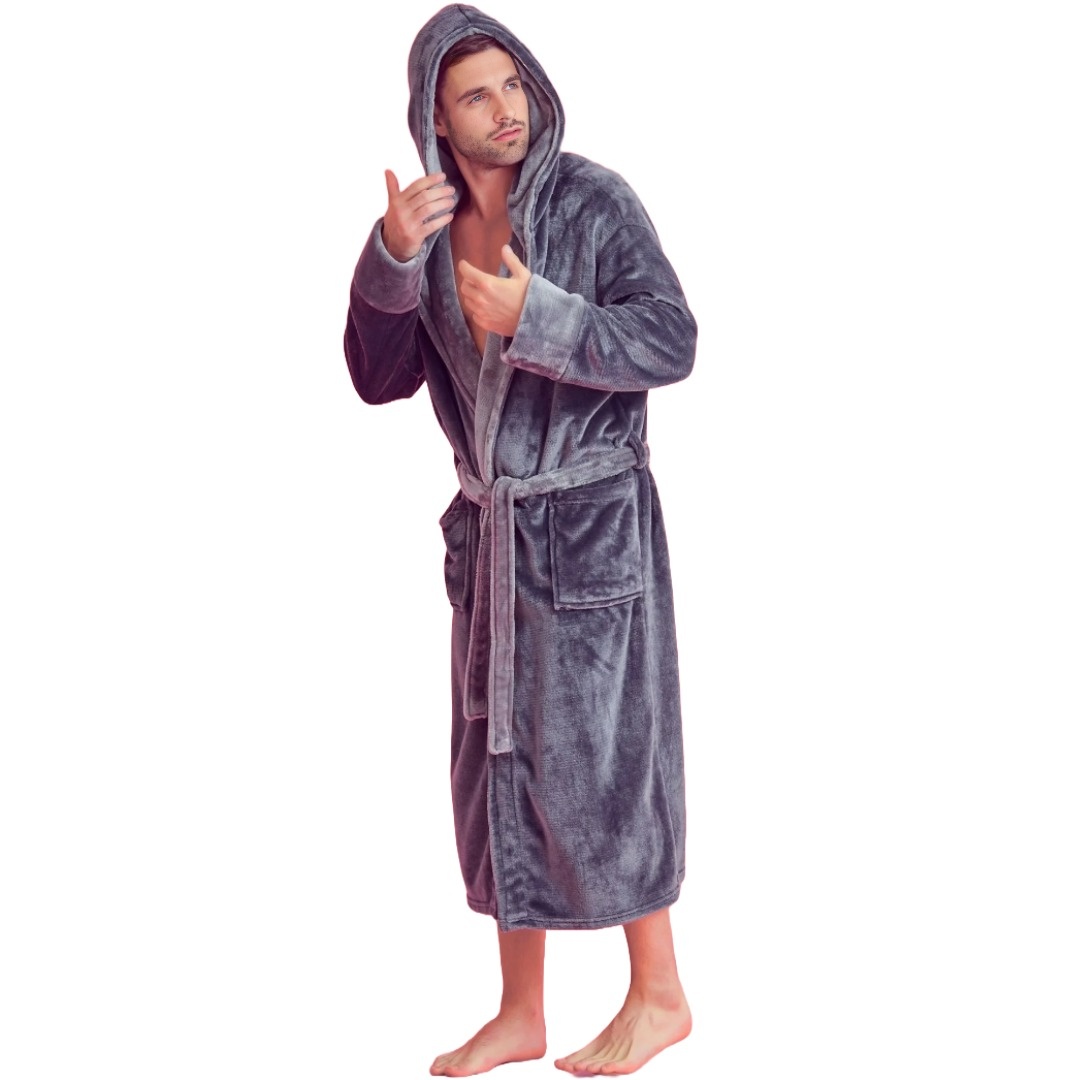 Men Plush Shawl Collar Robe, Unisex Gray (S/M) view 4