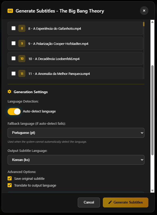 AI subtitle generation interface