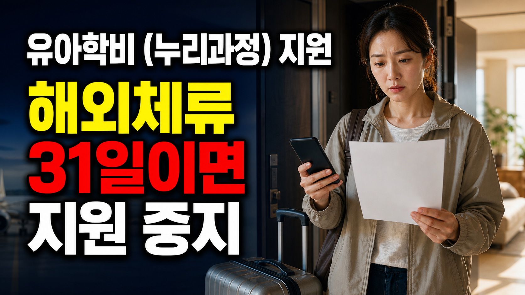 해외체류 31일이면 유아학비 중지, 귀국 뒤 재신청이 필요한 이유 · 유아학비 (누리과정) 지원 기준 관련 핵심 정보를 상징적으로 보여주는 썸네일 이미지