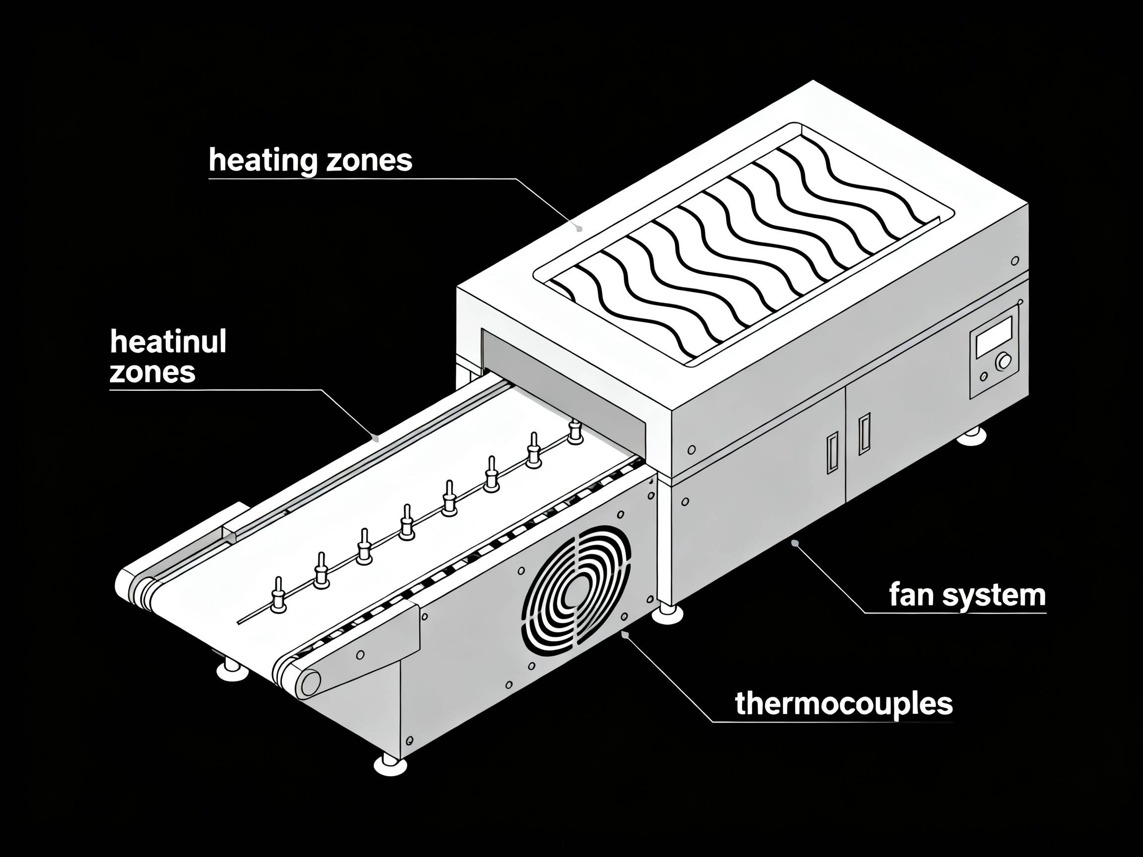 Anatomy of a reflow oven conveyor system.