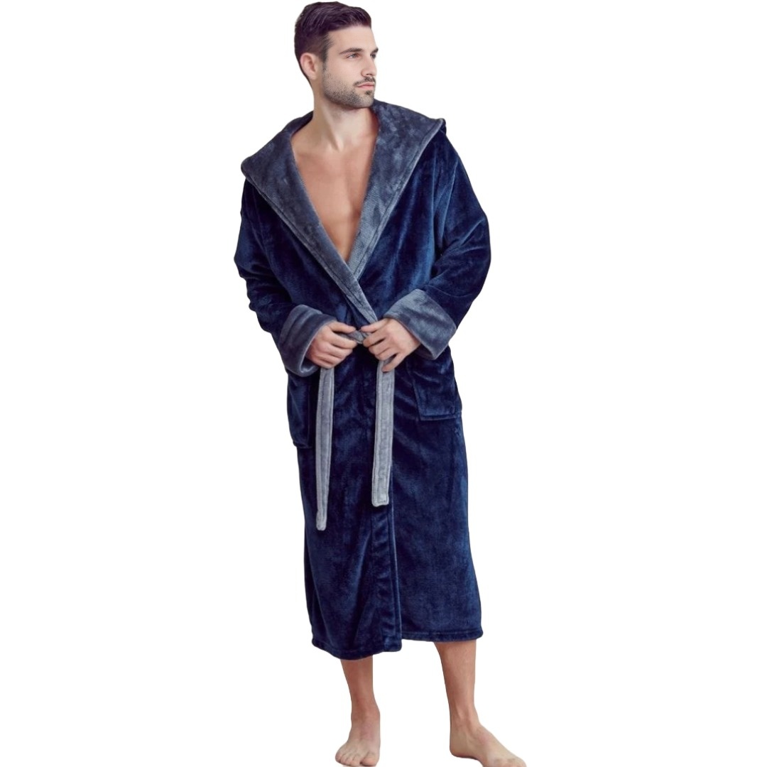 Men Plush Shawl Collar Robe, Unisex Navy (L/XL) view 2