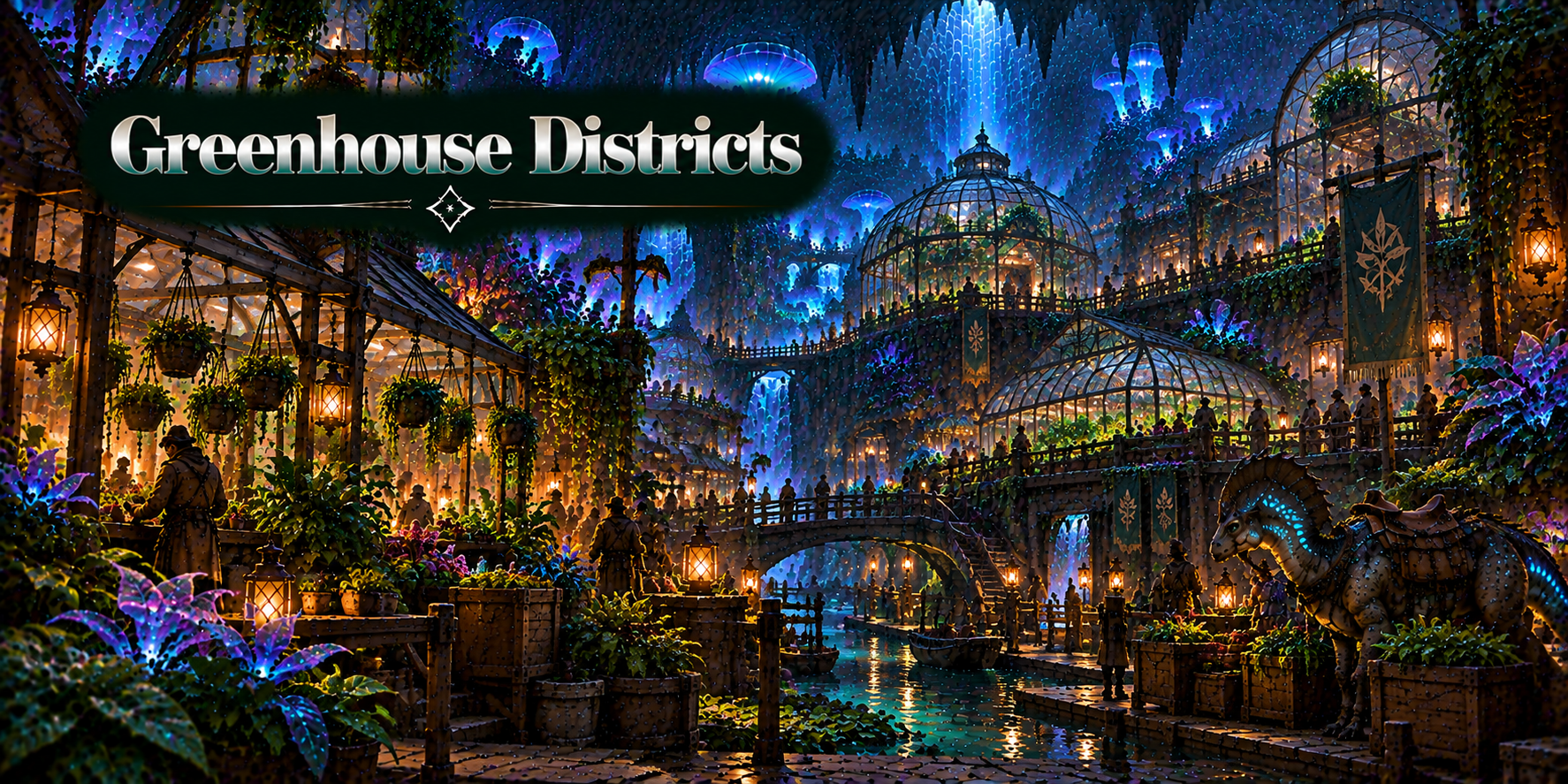 Protected greenhouse districts illuminated beneath Lantern Crossing