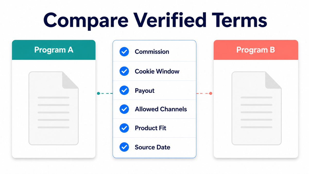 A neutral SEO affiliate comparison checklist for commission, cookie window, payout, channels, product fit, and source date
