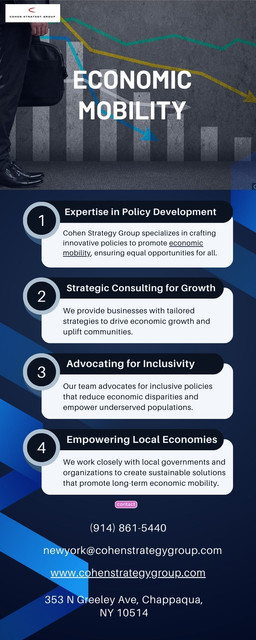 At Cohen Strategy Group, we specialize in empowering individuals and organizations to achieve economic mobility through strategic planning and expert guidance. Discover how our tailored solutions can elevate your financial future and unlock new possibilities. Trust Cohen Strategy Group to pave the way towards lasting economic success. Contact us today and embark on your journey towards greater financial freedom and mobility.

For more information, visit here: https://www.cohenstrategygroup.com/about/clients 

Email: newyork@cohenstrategygroup.com﻿
Address: 353 N Greeley Ave., Chappaqua, NY 10514
Phone no.: (914) 861-5440