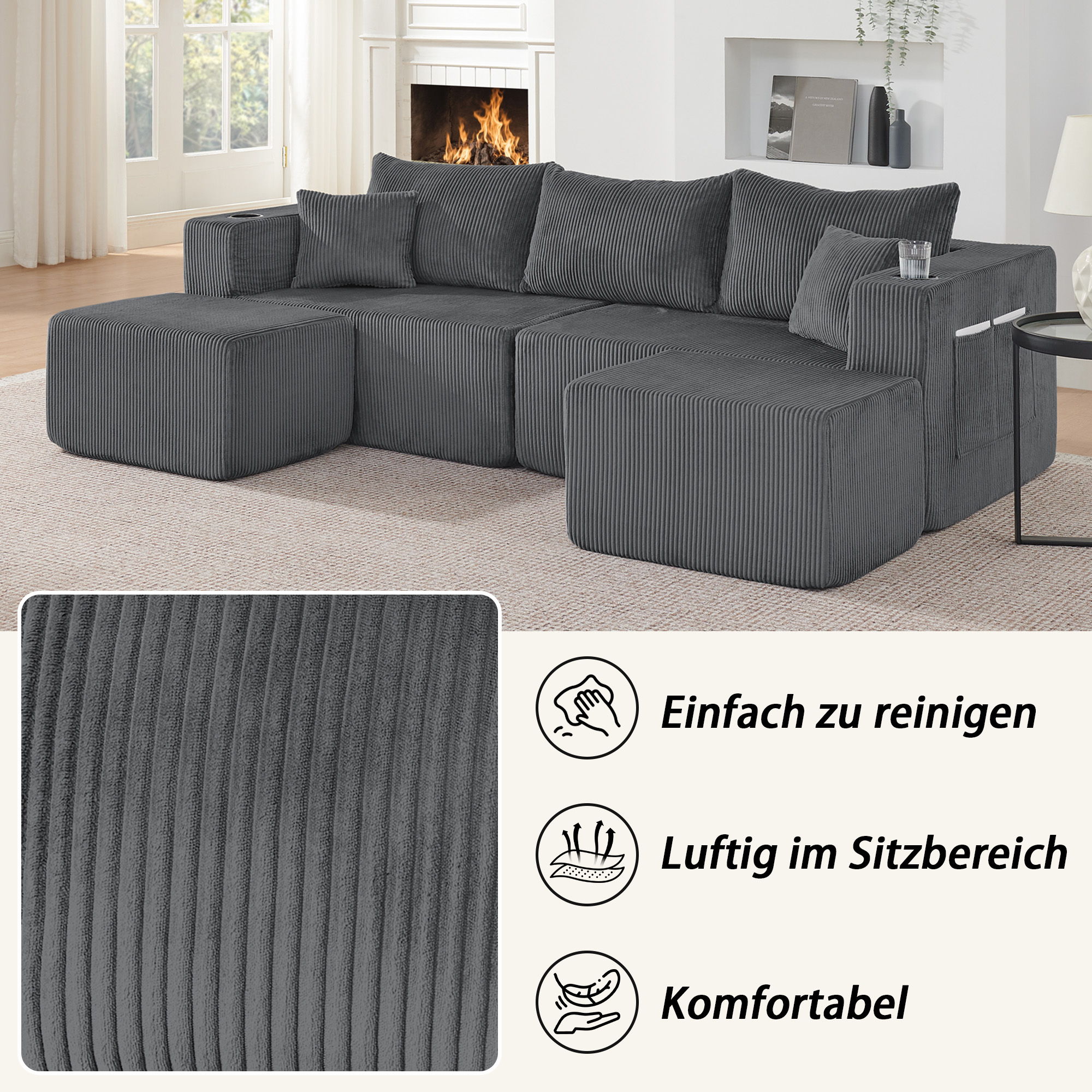 Canapé d'angle modulable gris dans le salon