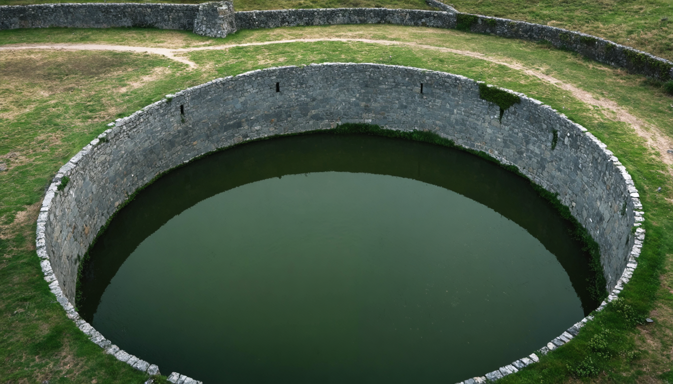 An aerial view of a still moat surrounding a stone structure, the water dark and unmoving, reflecting overcast sky.