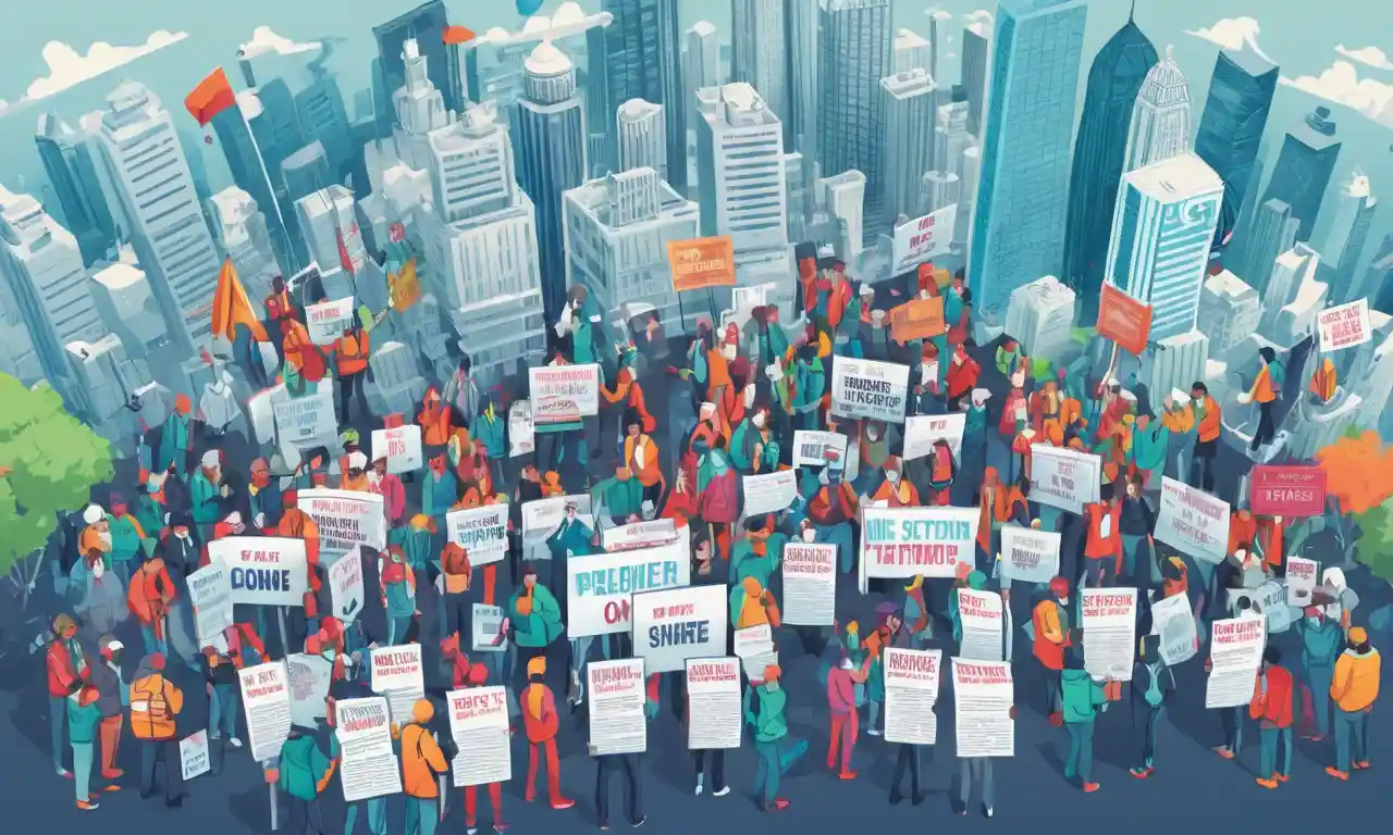 Protesters holding signs and banners in front of a city skyline, with a sutil hint of digital technology integration.