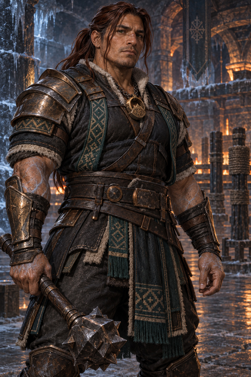 Knight Simón Claure, a barrel-chested ice elemental with dark-copper hair, alpine-jade eyes, a crooked nose, and glowing mineral veins.