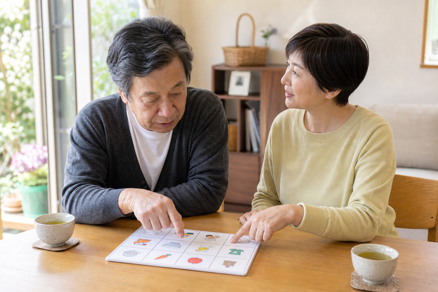 自宅で絵カードを使いながら日常のコミュニケーションを行う失語症のある高齢者と家族