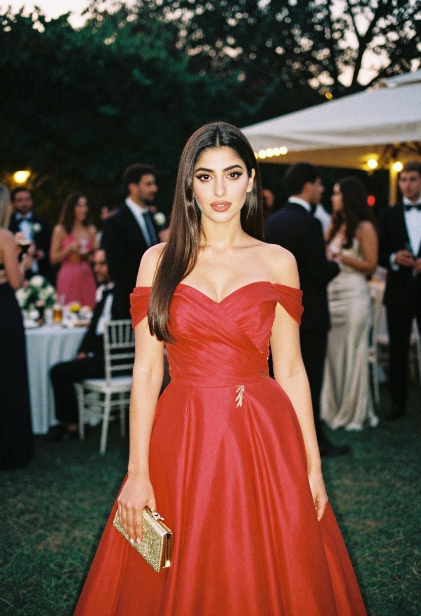 Crimson ball gown with gold embroidery for glamorous prom night portrait