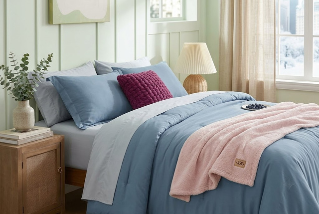Calm and layered bedroom with blue bedding and boucle textures