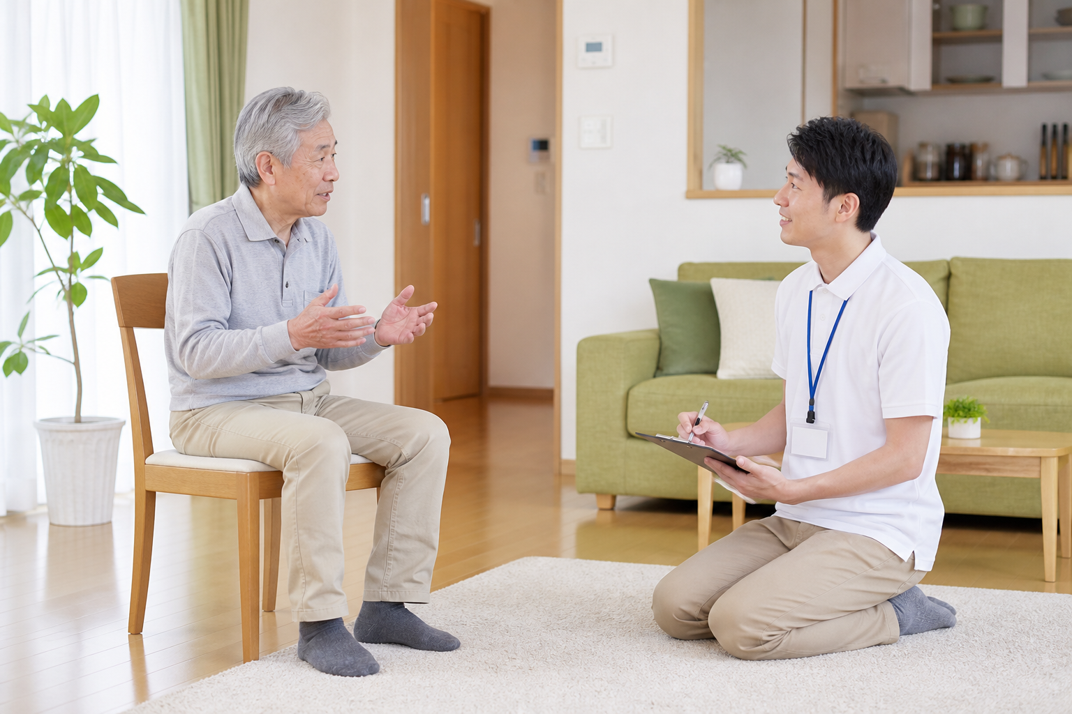高齢者が専門職に体力低下やプレフレイルについて相談する様子