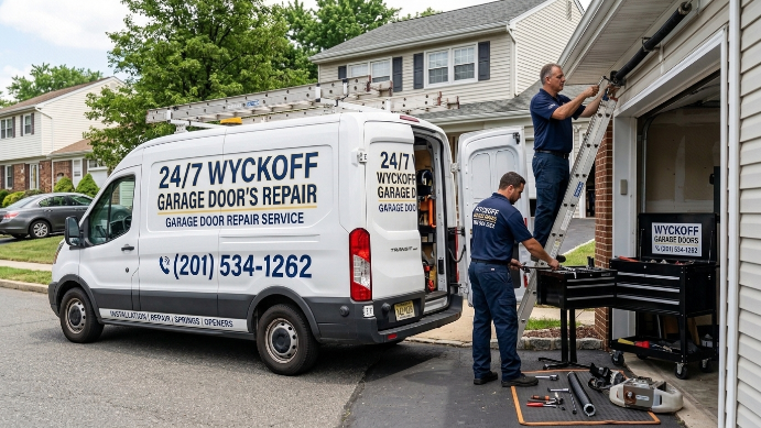 Garage door repair technician working on a residential garage door in Wyckoff, NJ