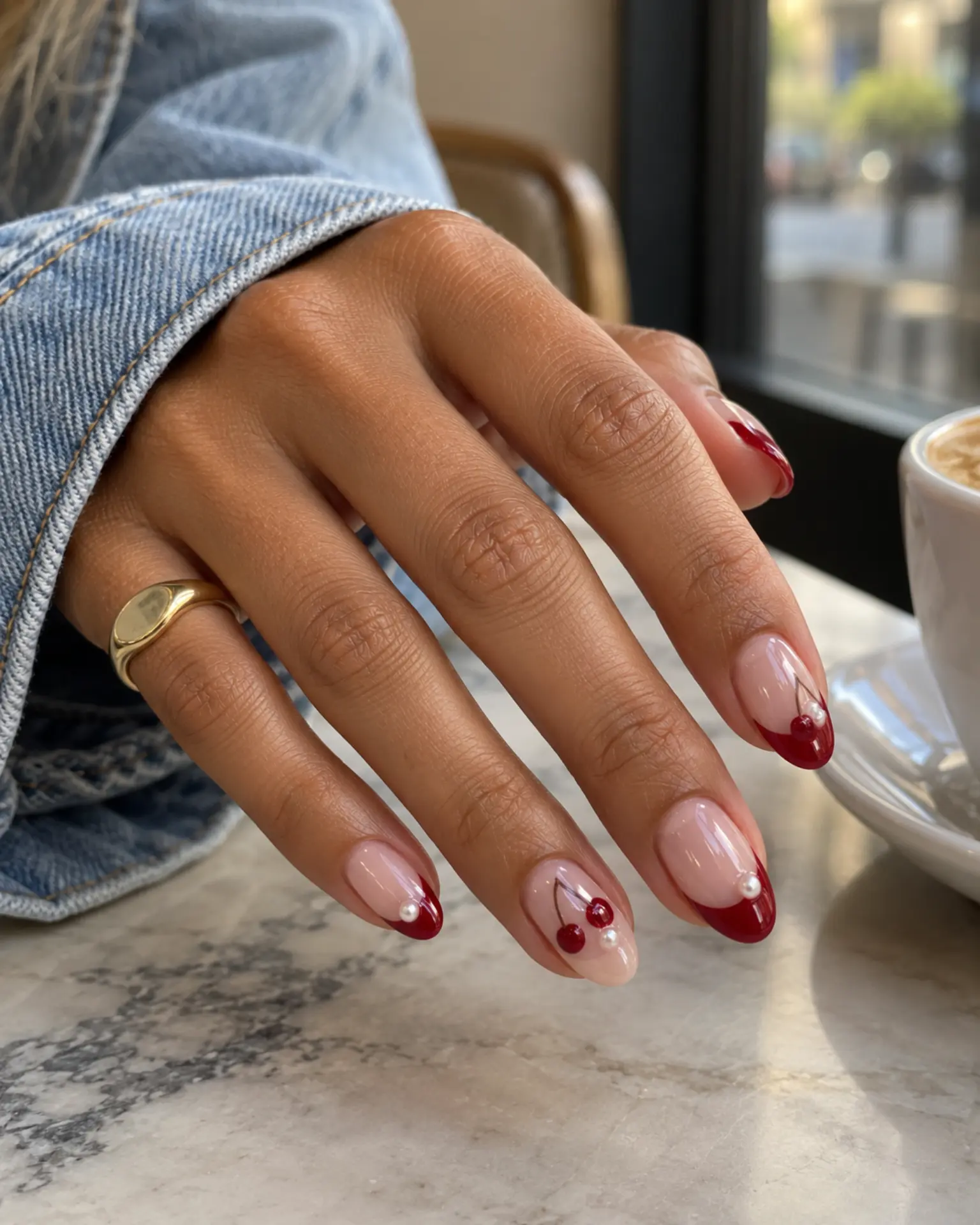 Cherry Pearl Detail manicure inspiration for date night nail ideas