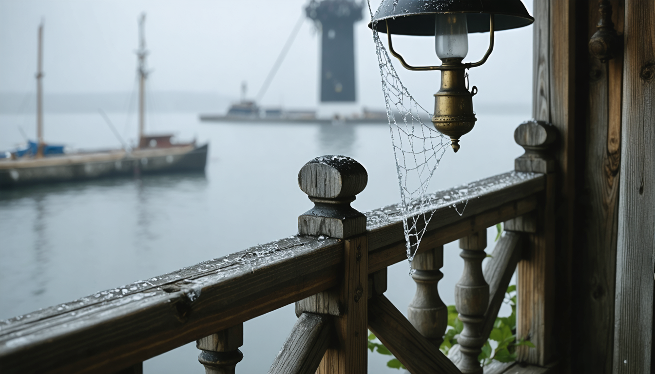 A dew-laden spider web strung between a weathered porch rail and an old lamp at dawn, backlit by soft grey harbor fog, every strand taut and connected.