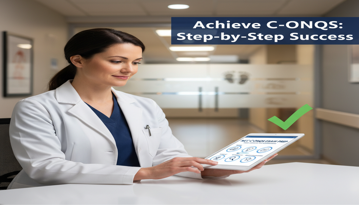 Achieve C-ONQS: Step-by-Step Success A confident female nurse reviewing a digital step-by-step guide for NCC C-ONQS certification on a tablet, with a modern hospital background. The image highlights strategic preparation for obstetric and neonatal quality and safety success.