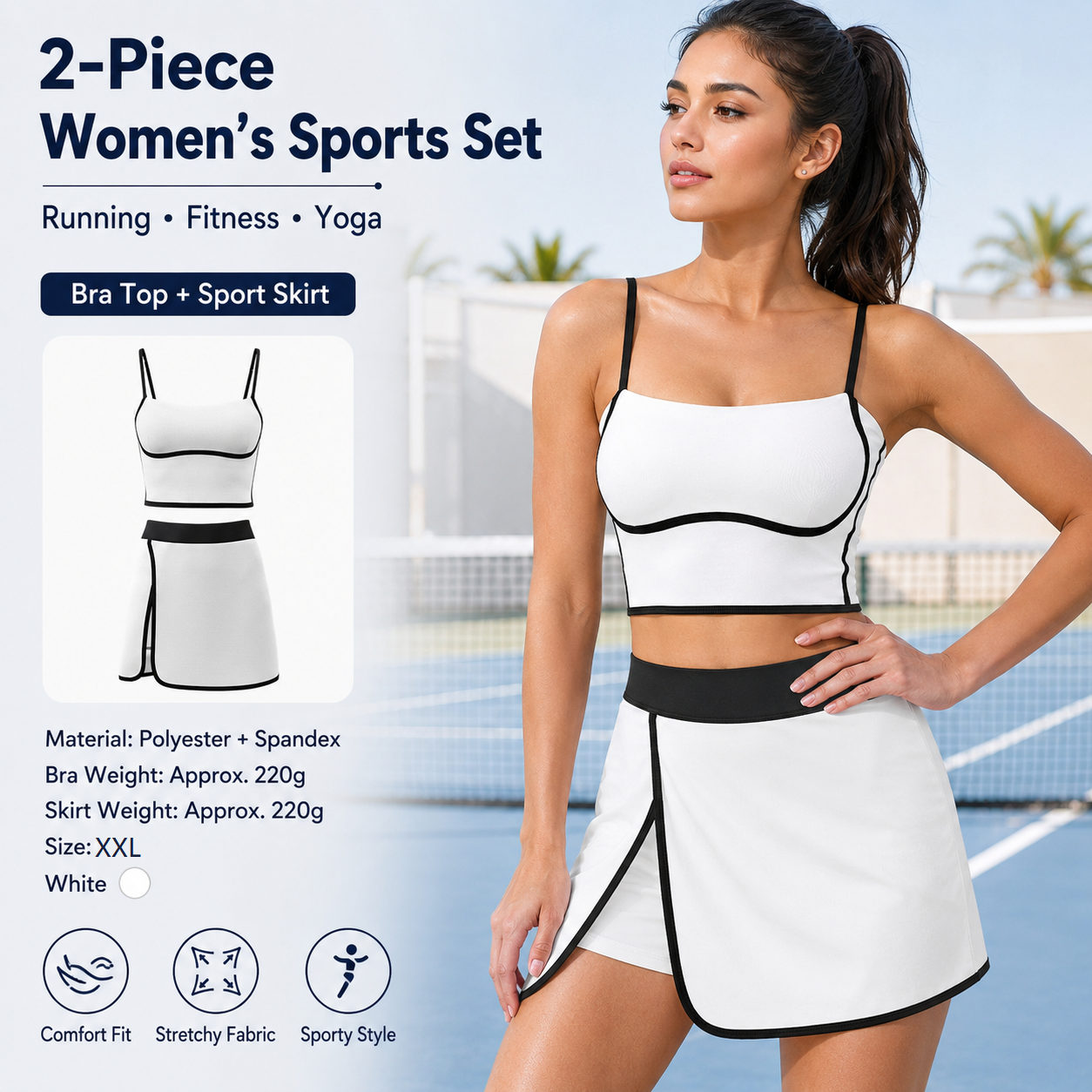 White XXL Size Women's Linear Sports Set - Polyester Spandex Blend with Adjustable Straps, Removable Pads and Anti-Exposure Skirt for Yoga, Running and Gym