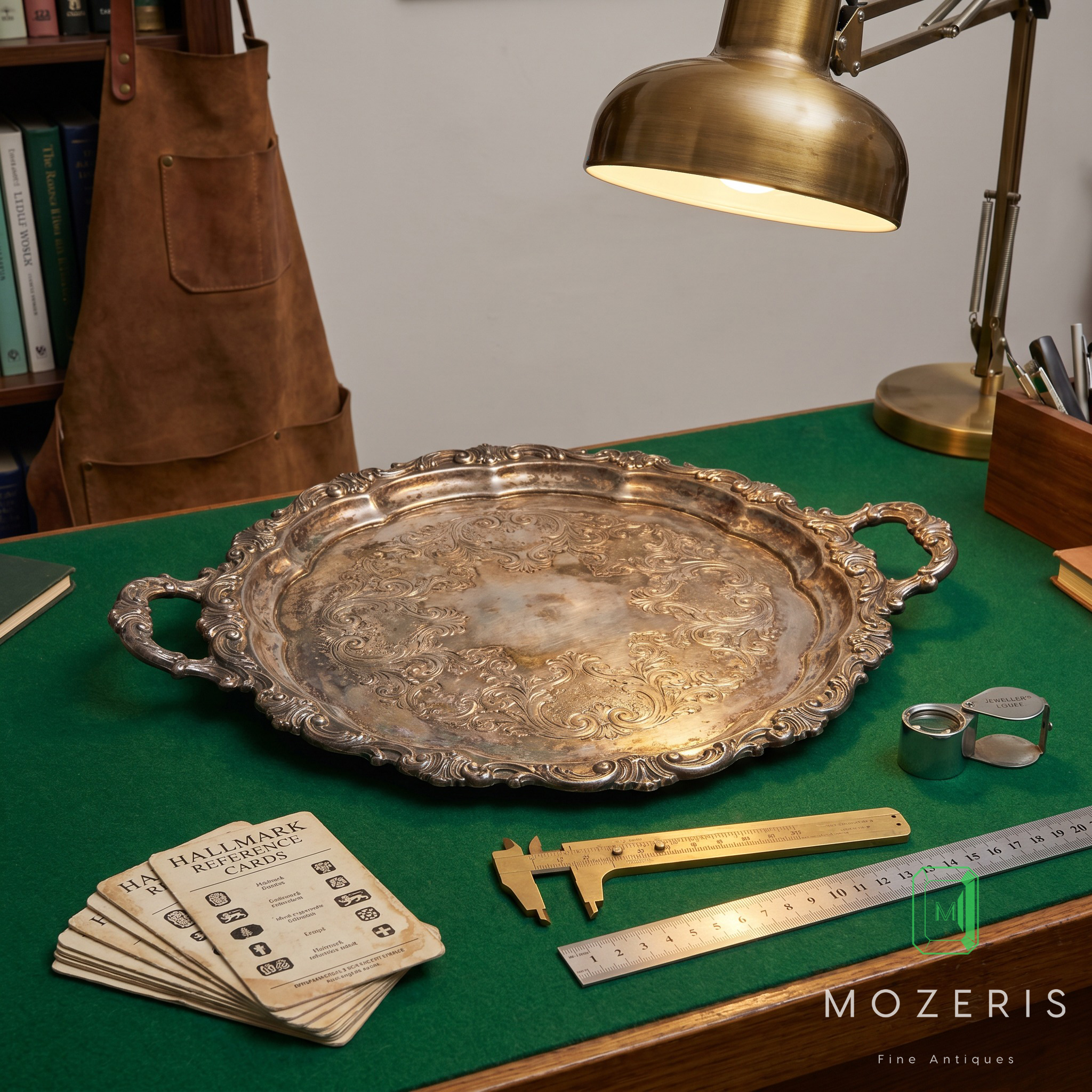 Silver salver being valued on professional assessment table