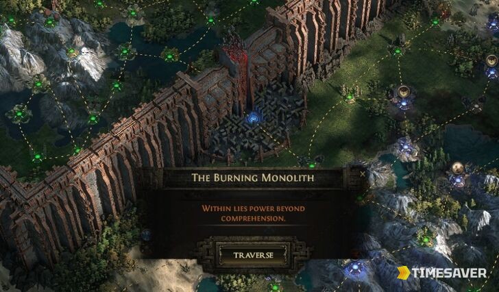 The Burning Monolith access point on the PoE2 Atlas in the Precursor Fortress