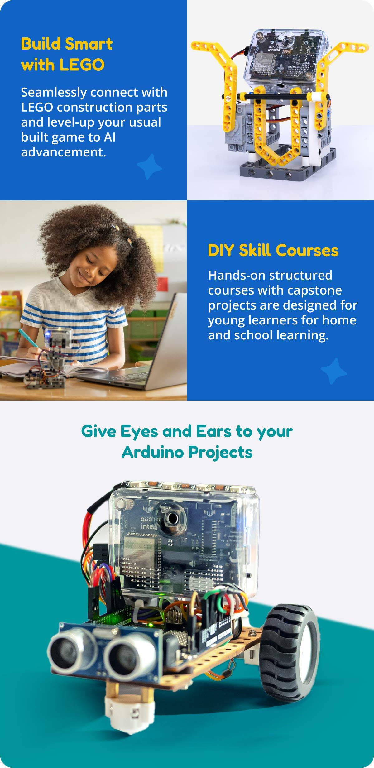 Quarky Intellio LEGO compatible robot build and student coding on laptop — AI and DIY skill courses