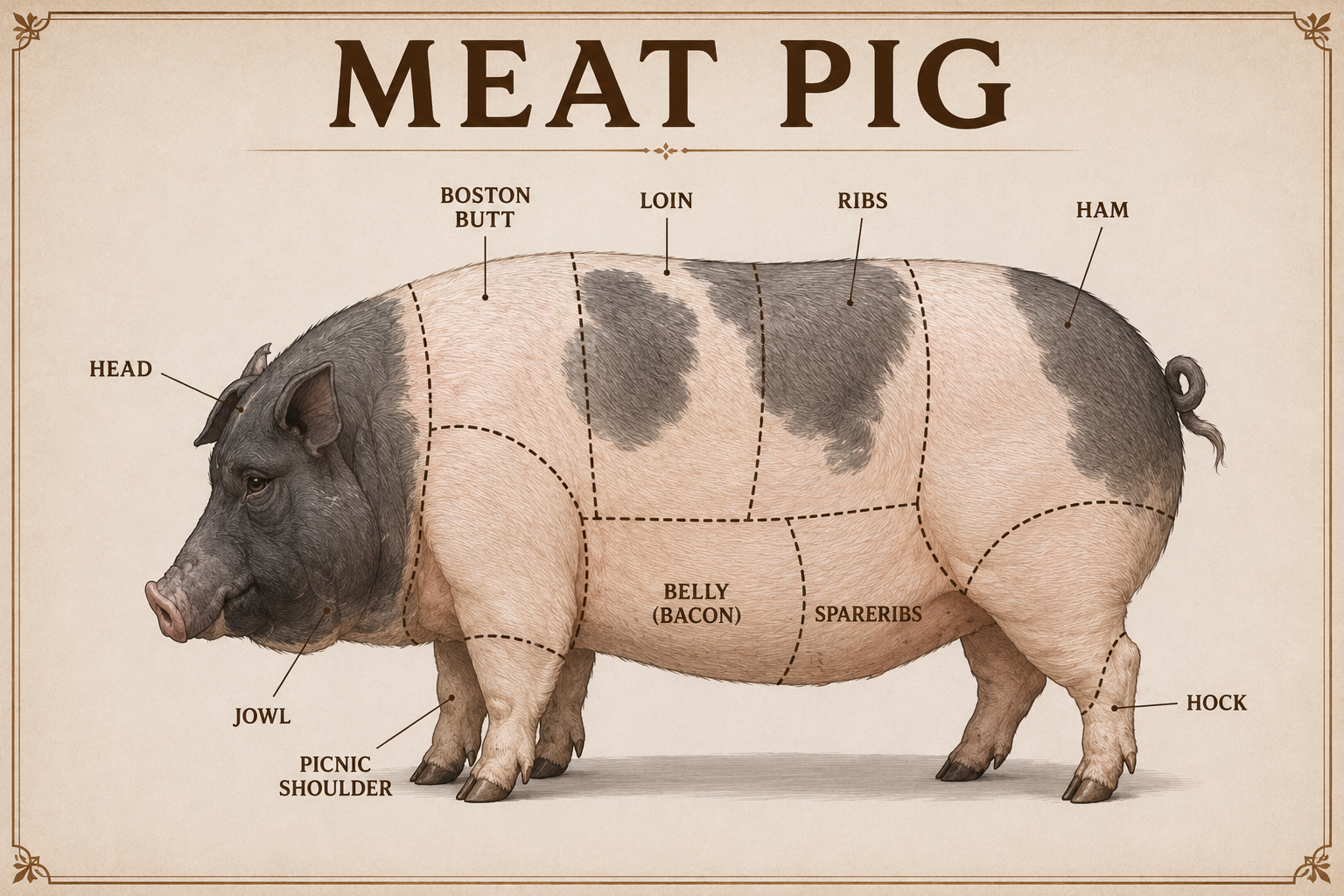 Meat pigs in clean Workyards pens with bedding, feed systems, and care infrastructure.