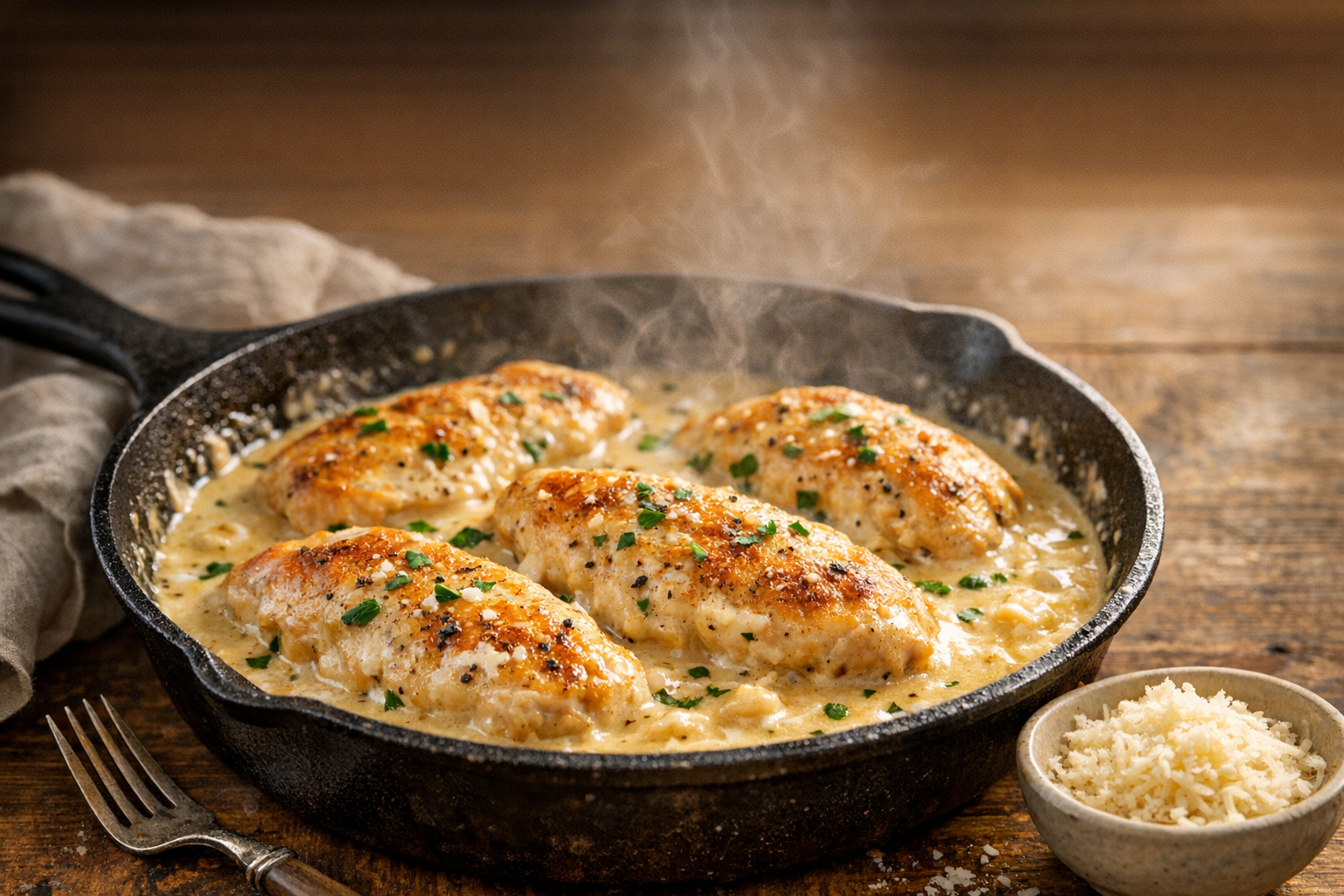 Creamy Chicken with Parmesan Sauce Easy Skillet Dinner Pinterest image