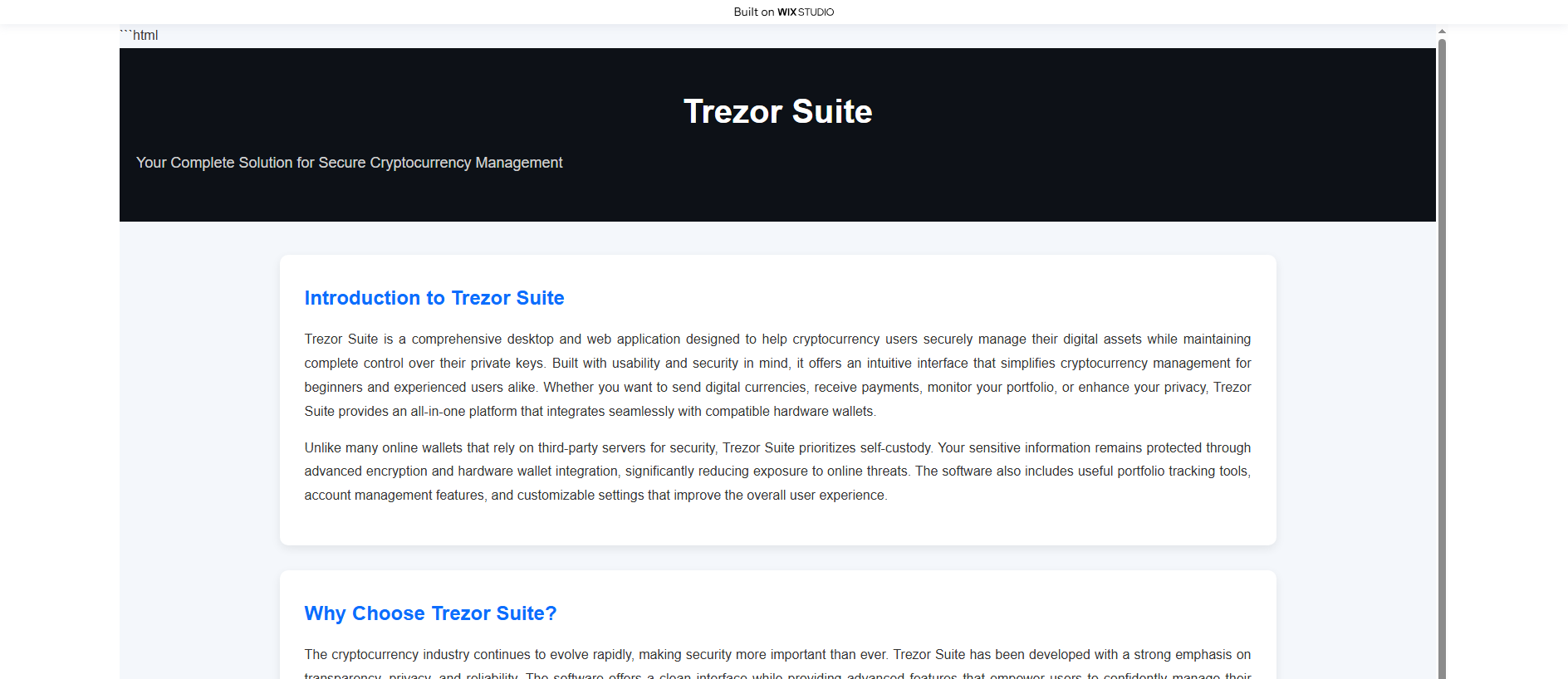 Forensic screenshot of site-trezrsuite.wixstudio.com showing the phishing page layout