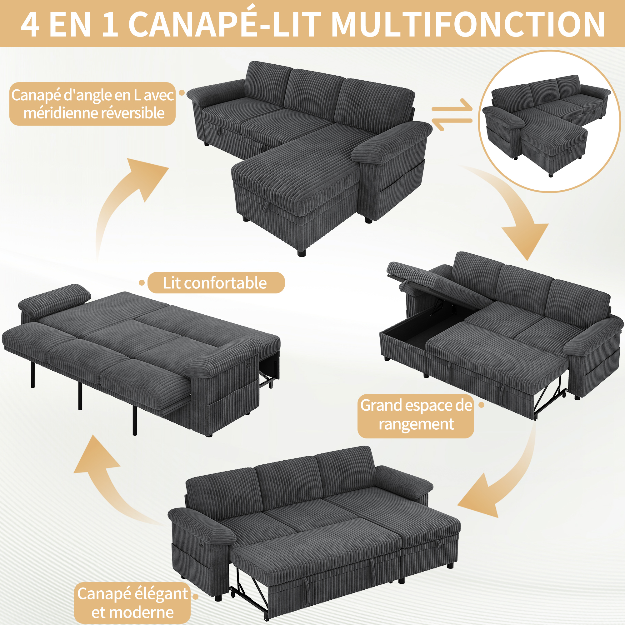 Canapé d'angle convertible gris dans le salon