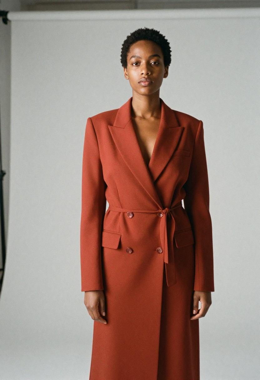Terracotta longline plus size blazer dress shot from low editorial angle for spring power dressing impact