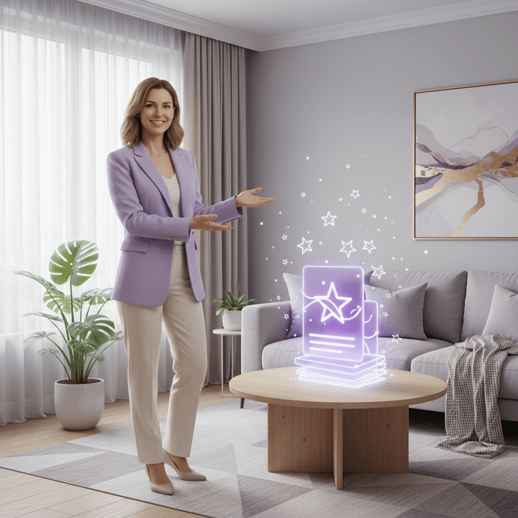 Confident host in a tidy vacation rental living room, symbolizing strong guest feedback and five-star stays
