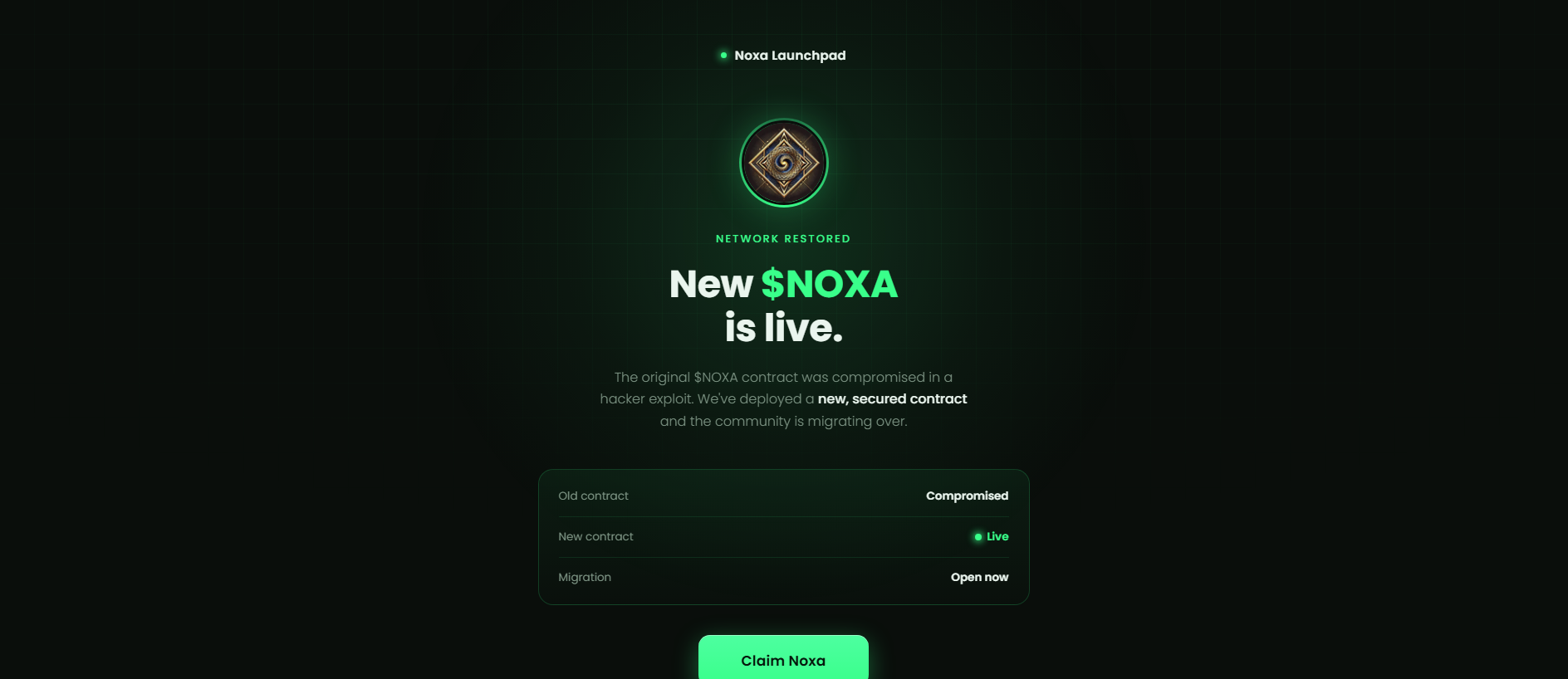 Forensic screenshot of noxachain.live showing the phishing page layout