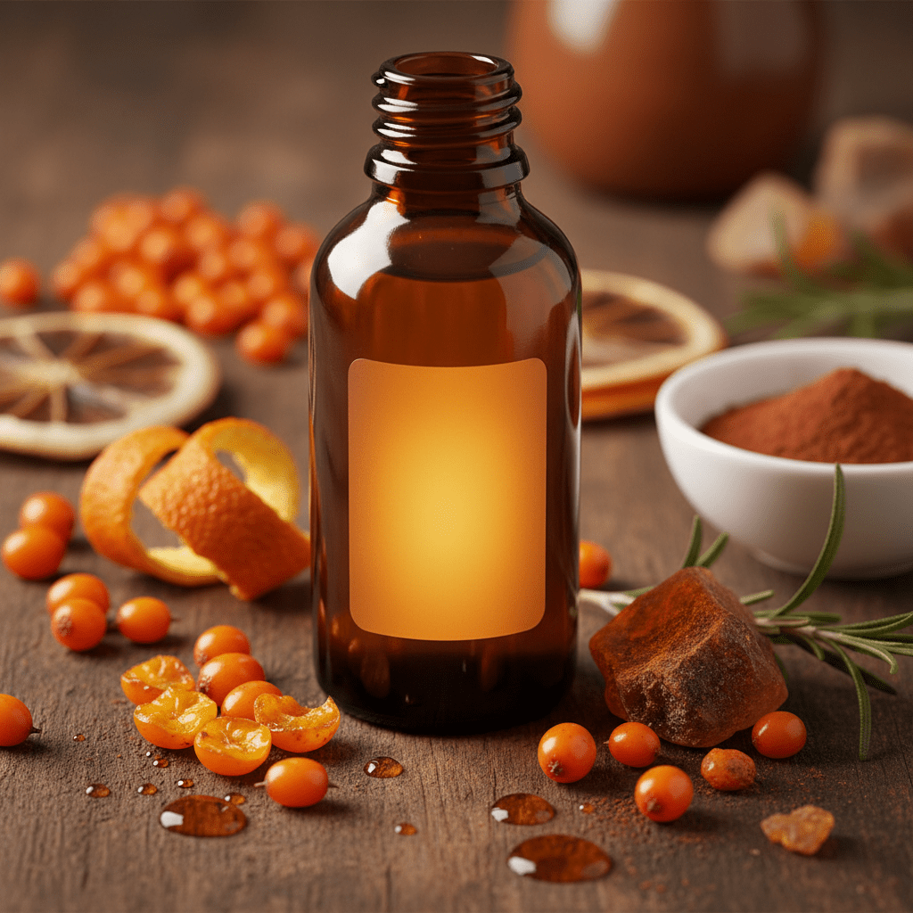 Dark glass sea buckthorn oil bottle with ingredient setup and orange glow