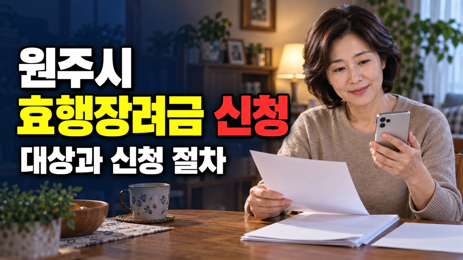 주민센터 방문 전, 원주시 효행장려금 신청 경로부터 고르세요|효행장려금 지급 관련 핵심 정보를 상징적으로 보여주는 썸네일 이미지