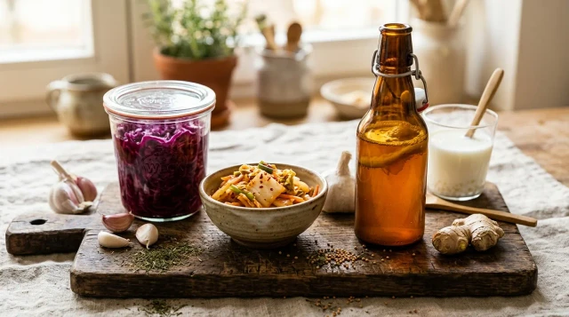 Colorful fermented probiotic foods on rustic cutting board in warm natural light