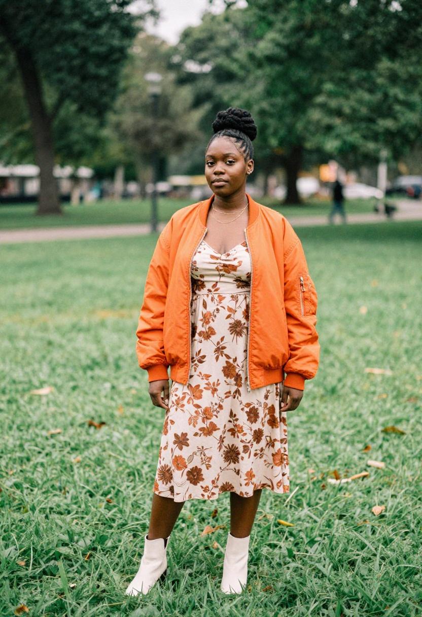 Electric orange bomber jacket draped over a floral slip dress as a spring layering formula