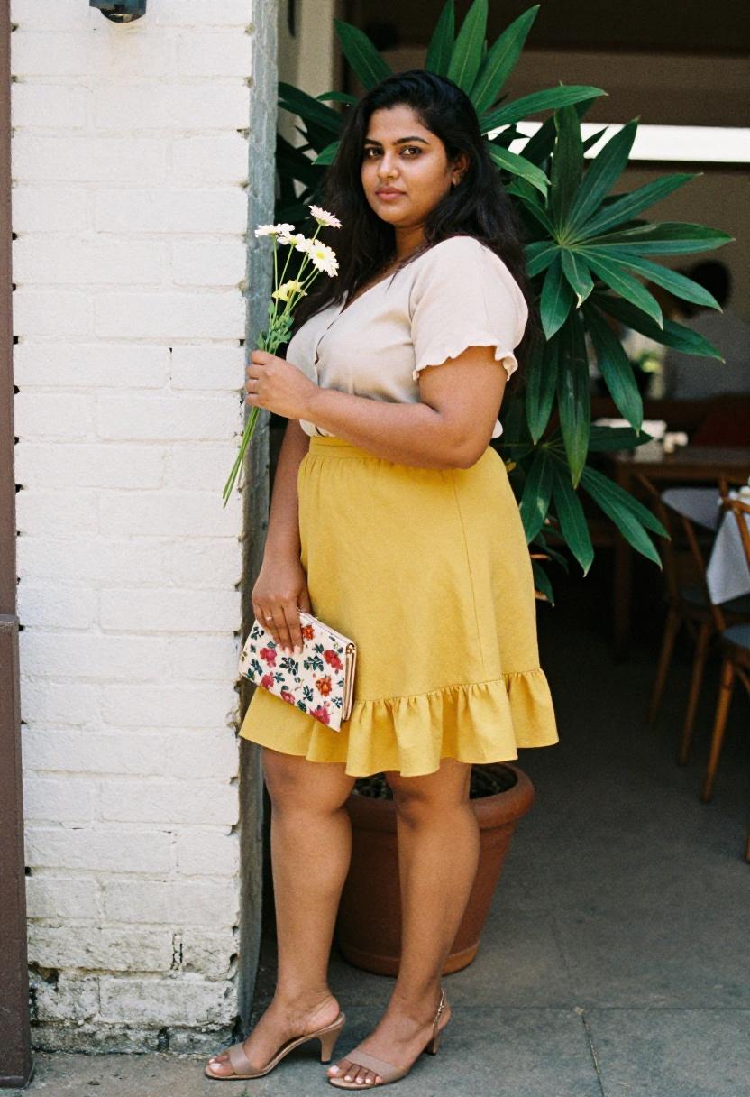 Plus size woman in mustard ruffled mini skirt and ivory blouse for romantic spring dressing