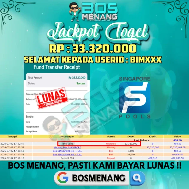 Tanggal 02 JULI 2026 - JACKPOT TOGEL - Pool SINGAPORE  Rp 33.320.000,-