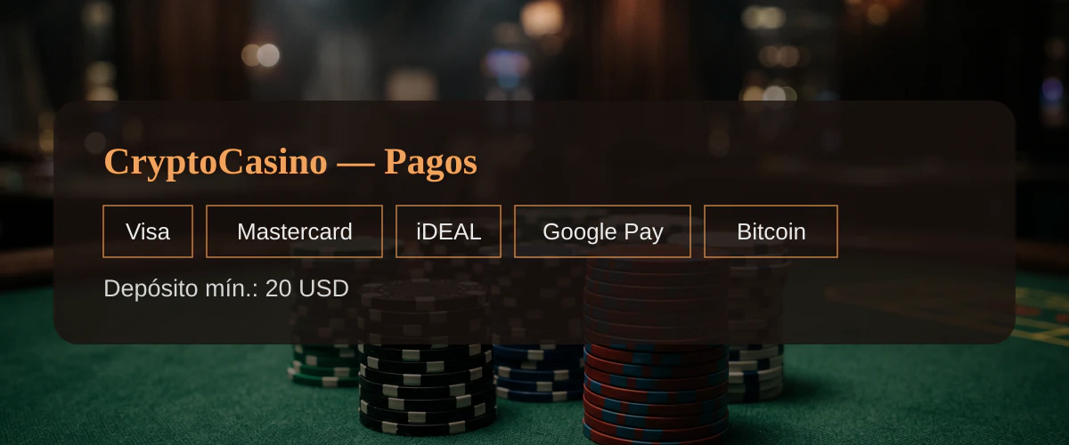 CryptoCasino — Pagos: Visa, Mastercard, iDEAL, Google Pay, Bitcoin CryptoCasino — Pagos: Visa, Mastercard, iDEAL, Google Pay, Bitcoin