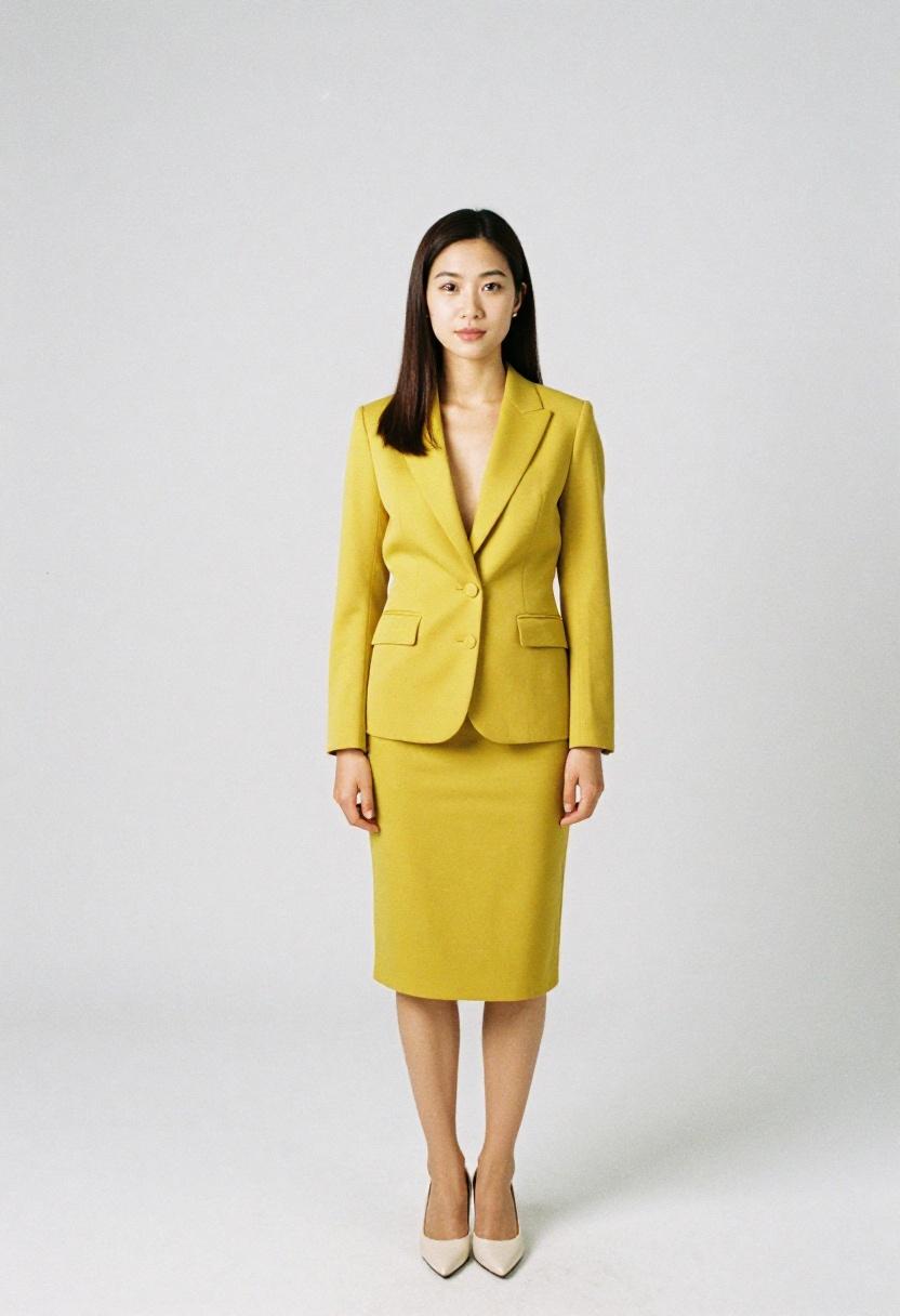 Minimalist mustard yellow skirt suit clean studio light sharp editorial corporate